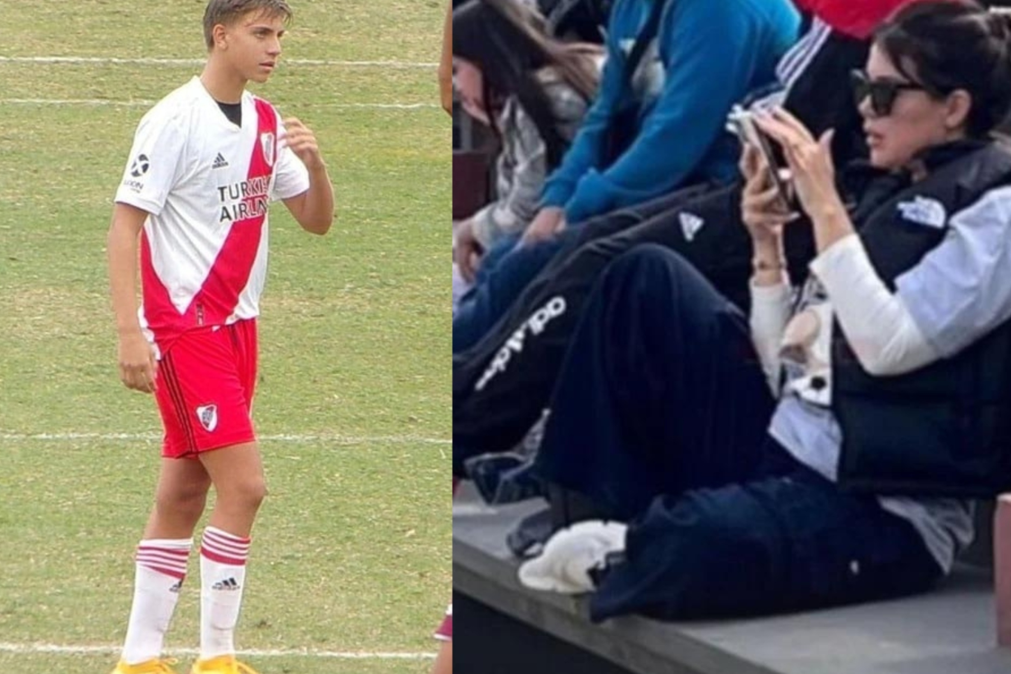 Valentino Lpez, en el campo, y Wanda Nara, en la tribuna.