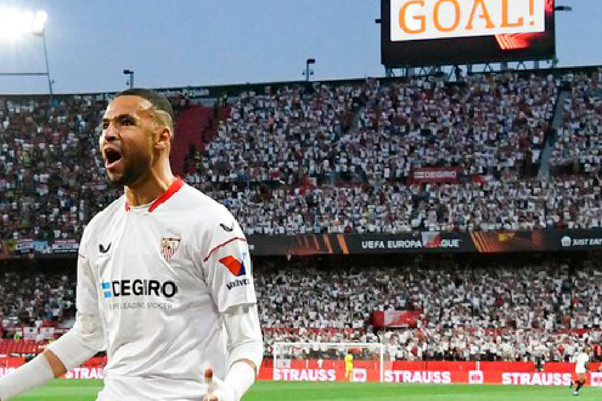 Youssef En-Nesyri festeja el 1-0 en favor del Sevilla sobre el Manchester United