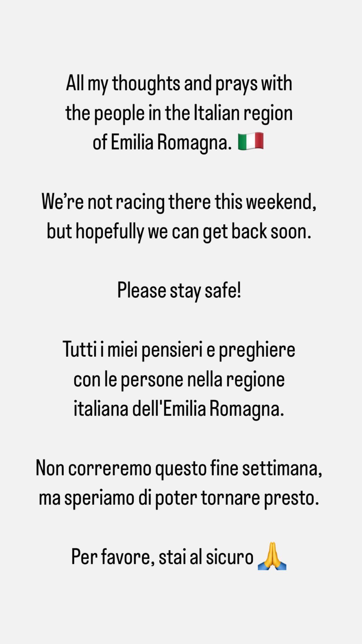 Checo Pérez y los pilotos de F1 mandan mensajes de apoyo tras la cancelación del GP Emilia Romagna