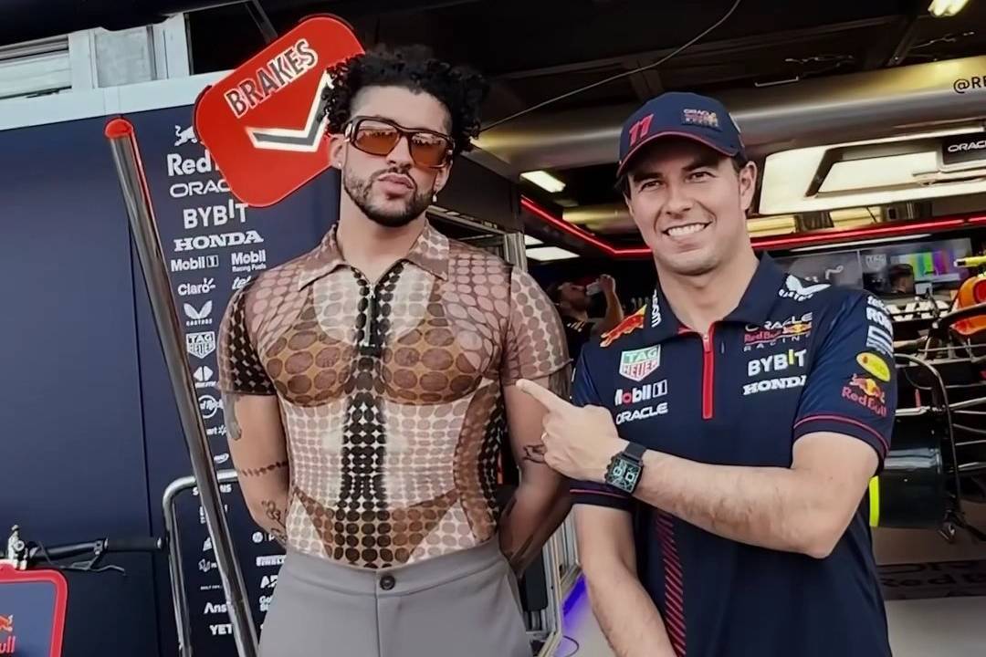 Bad Bunny le robó el Red Bull a Checo Pérez y así reaccionó el piloto mexicano