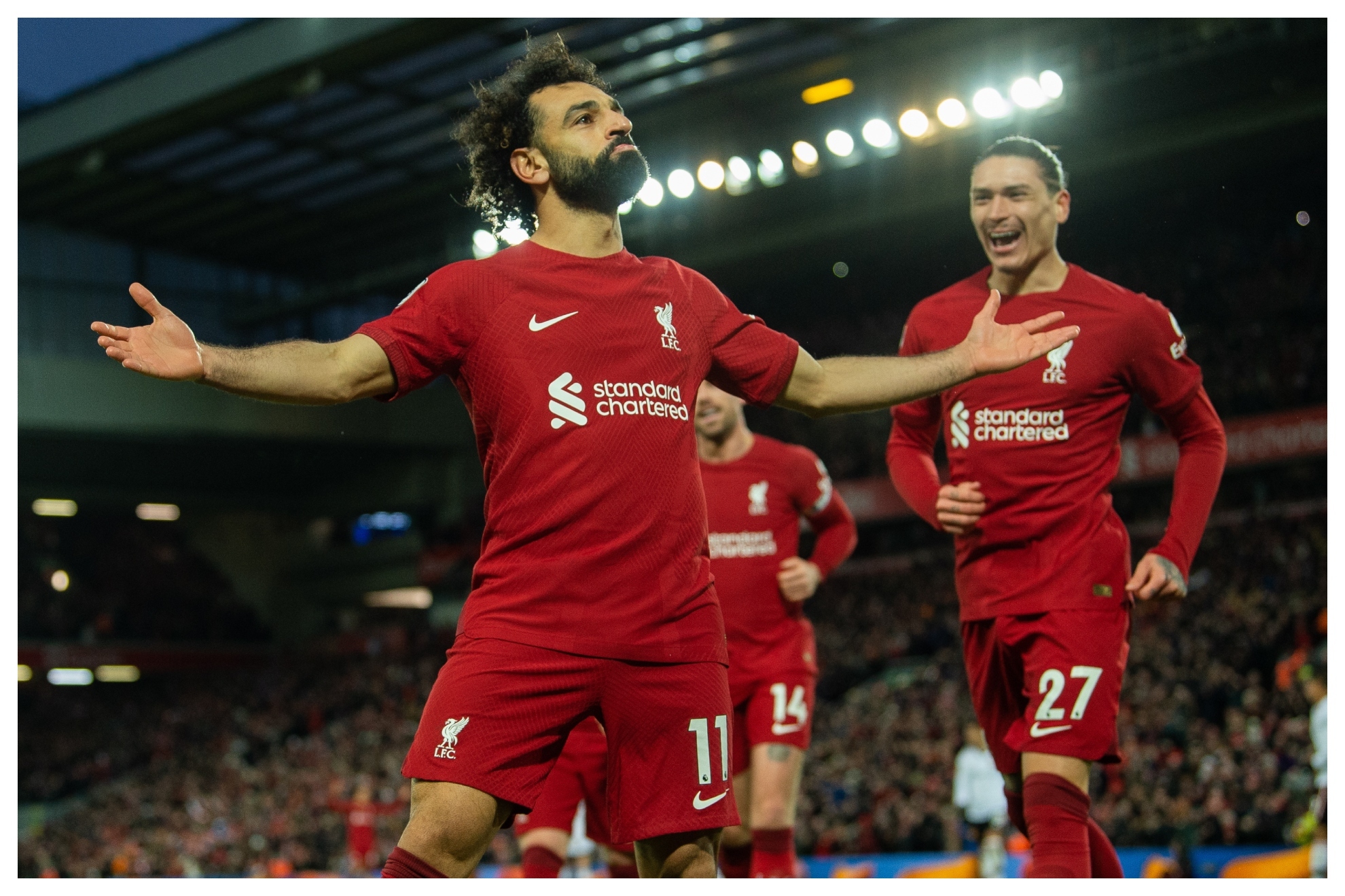 Salah celebra un gol con el Liverpool esta temporada