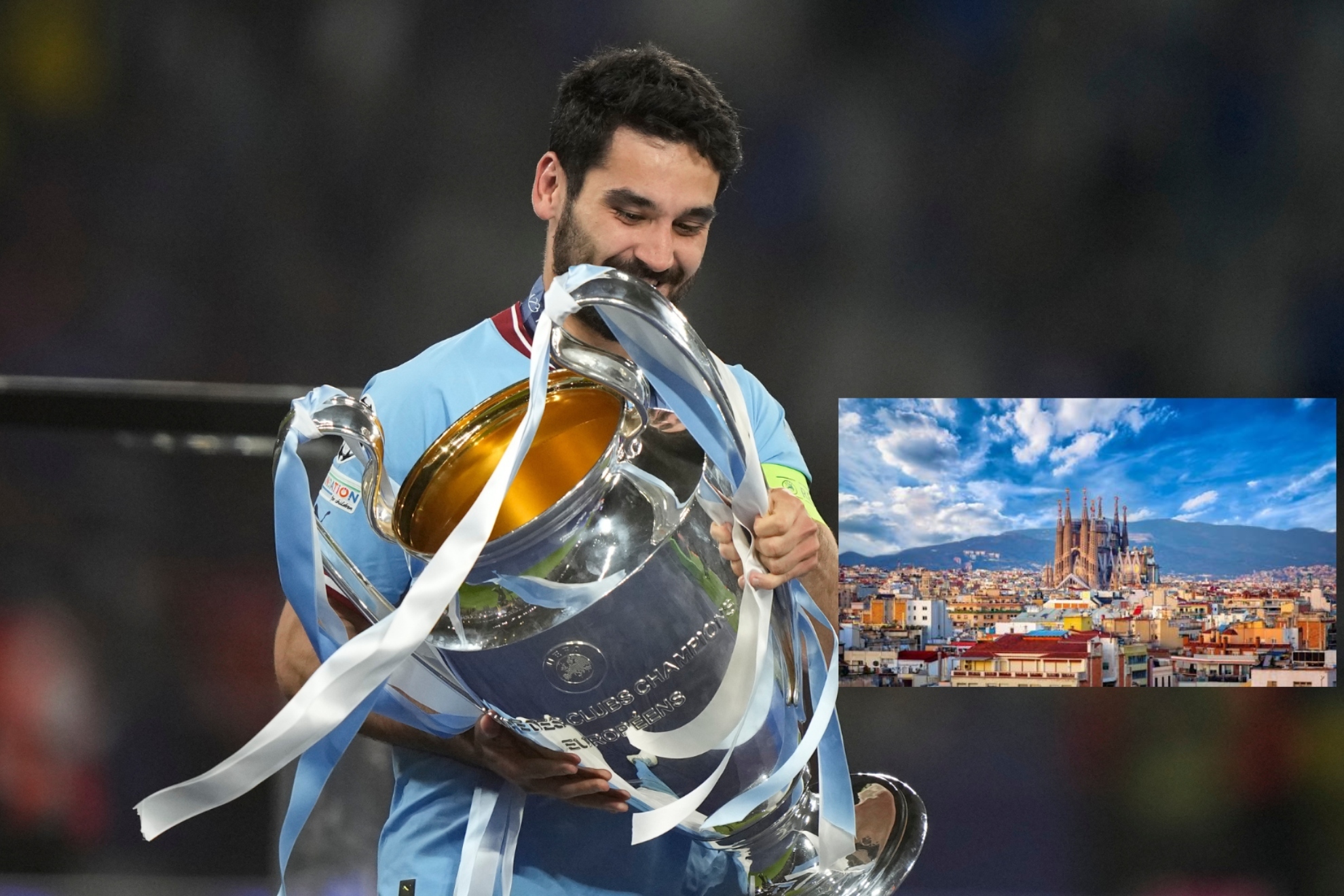 Gndogan besa la 'Orejona' ganada al Inter y una imagen de la ciudad de Barcelona en el recuadro.
