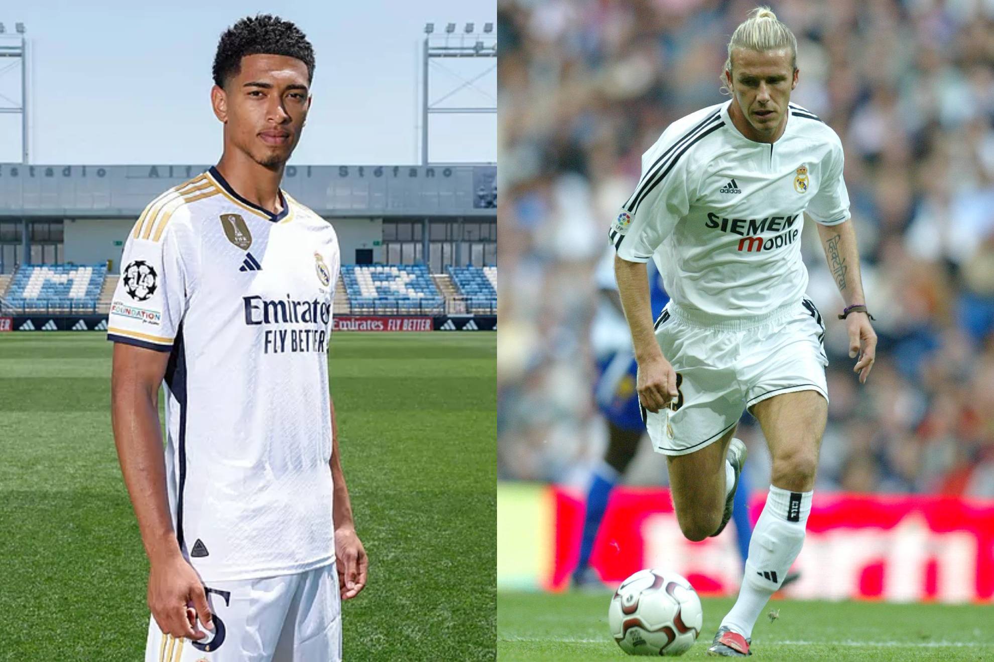 Bellingham (izquierda) y Beckham (derecha) con la camiseta del Real Madrid