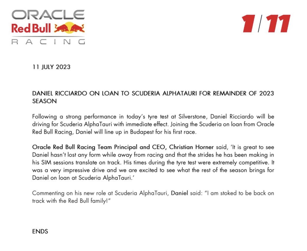 Ricciardo sustituye a De Vries en AlphaTauri y se salva el asiento de Checo en Red Bull