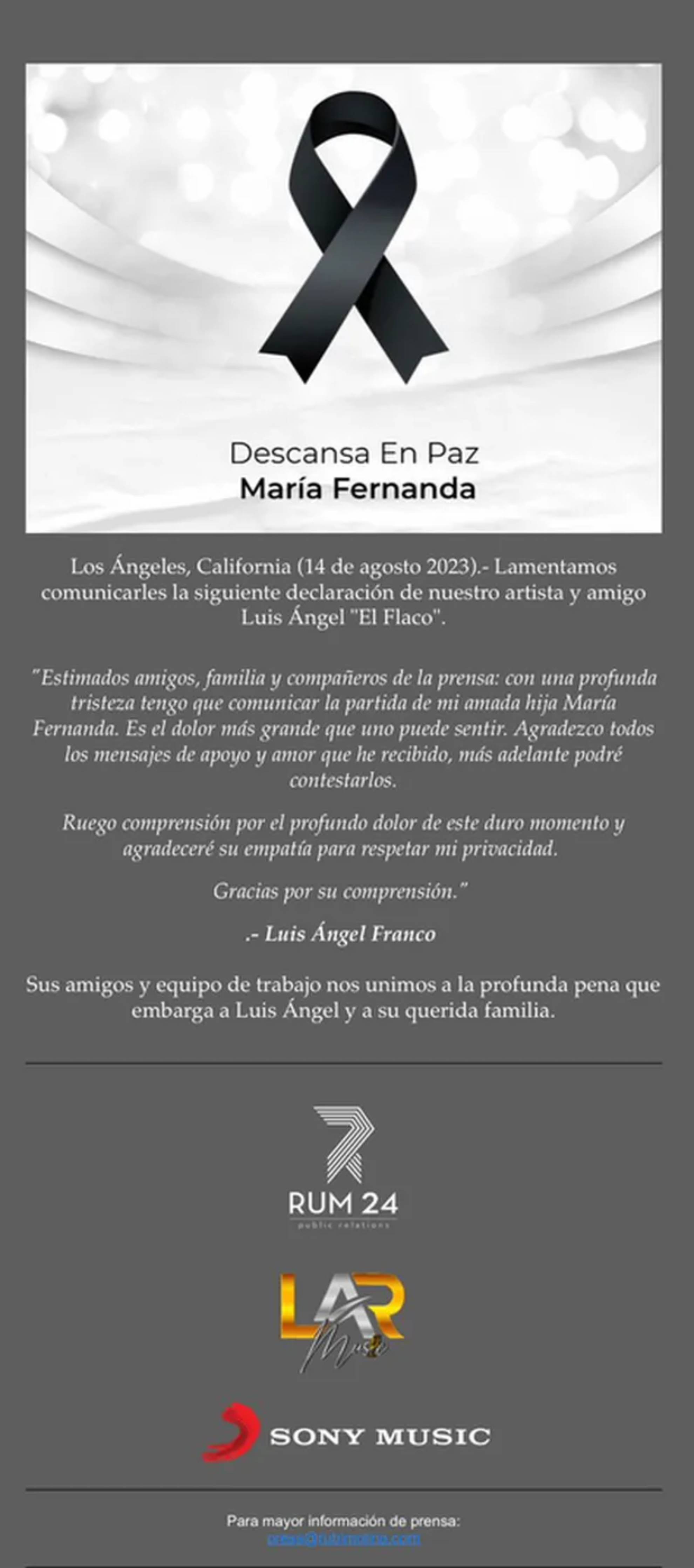 Comunicado de prensa de la familia de Mara Fernanda