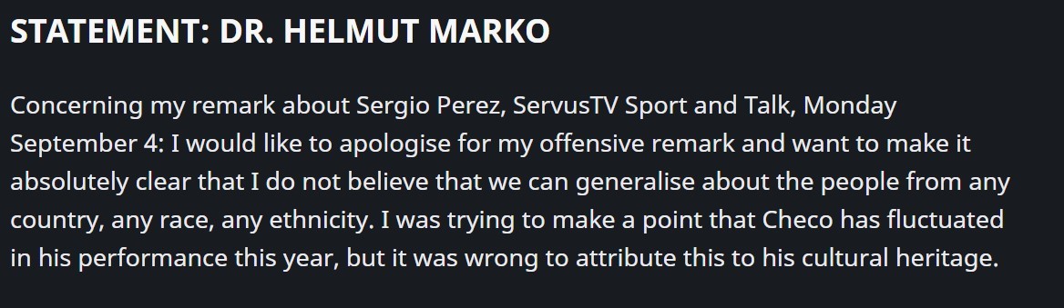Helmut Marko se arrepiente de comentarios discriminatorios contra Checo Pérez y ofrece disculpas