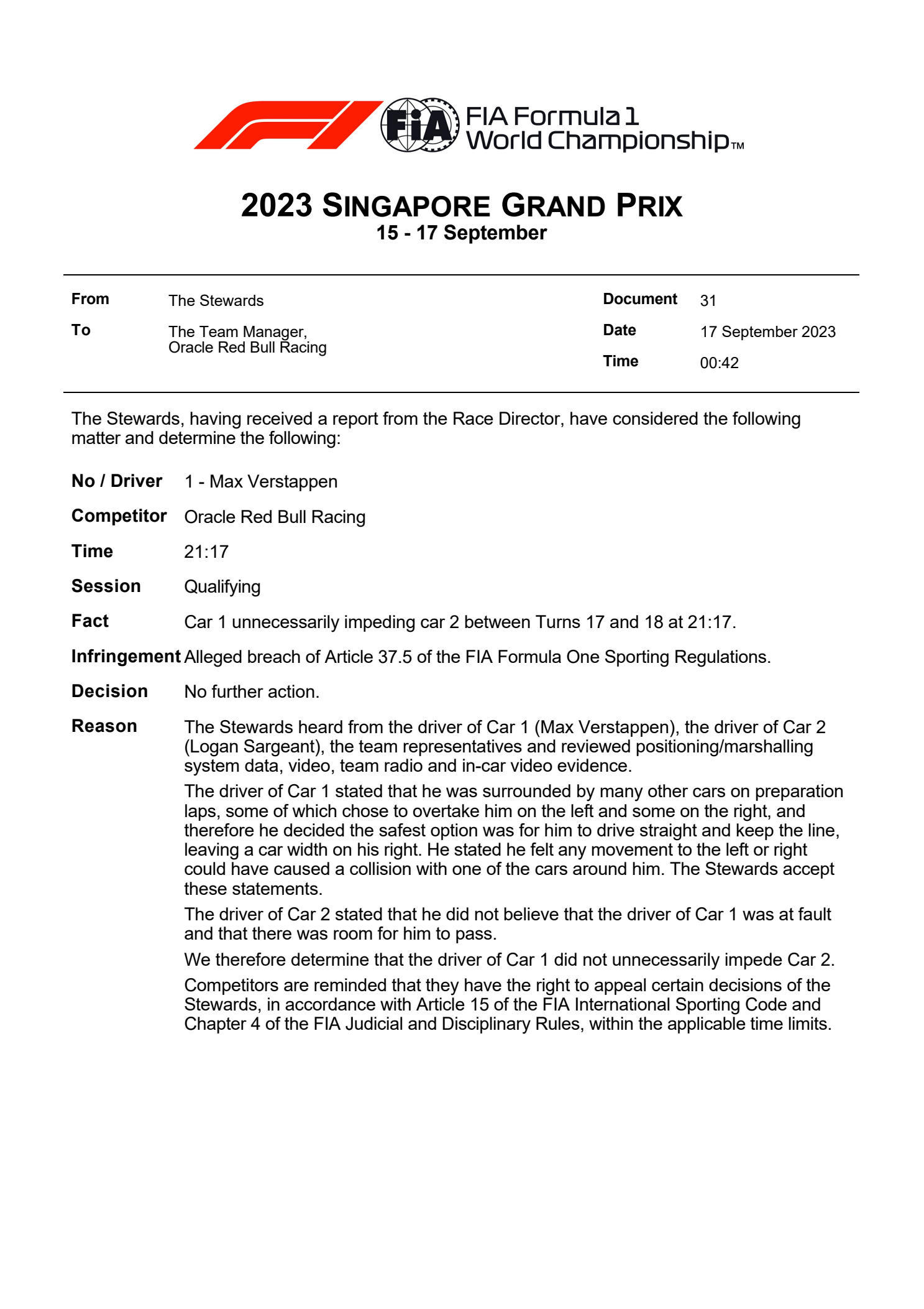 Verstappen Escapes Sanction For Three Investigations In Singapore