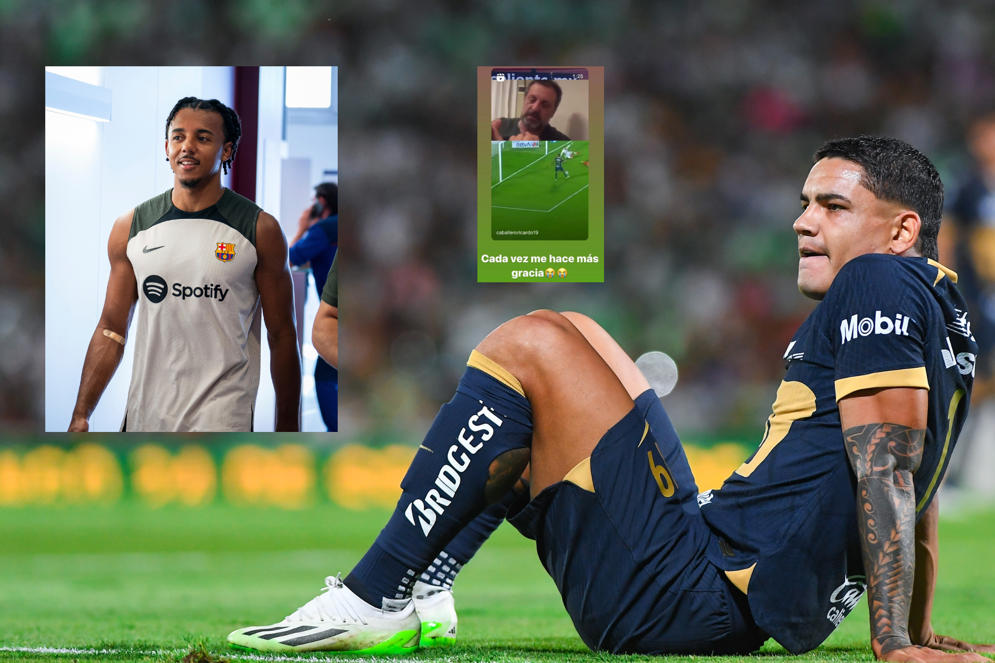 Montaje con Koundé, Fernández y la historia de Instagram con el gol errado.