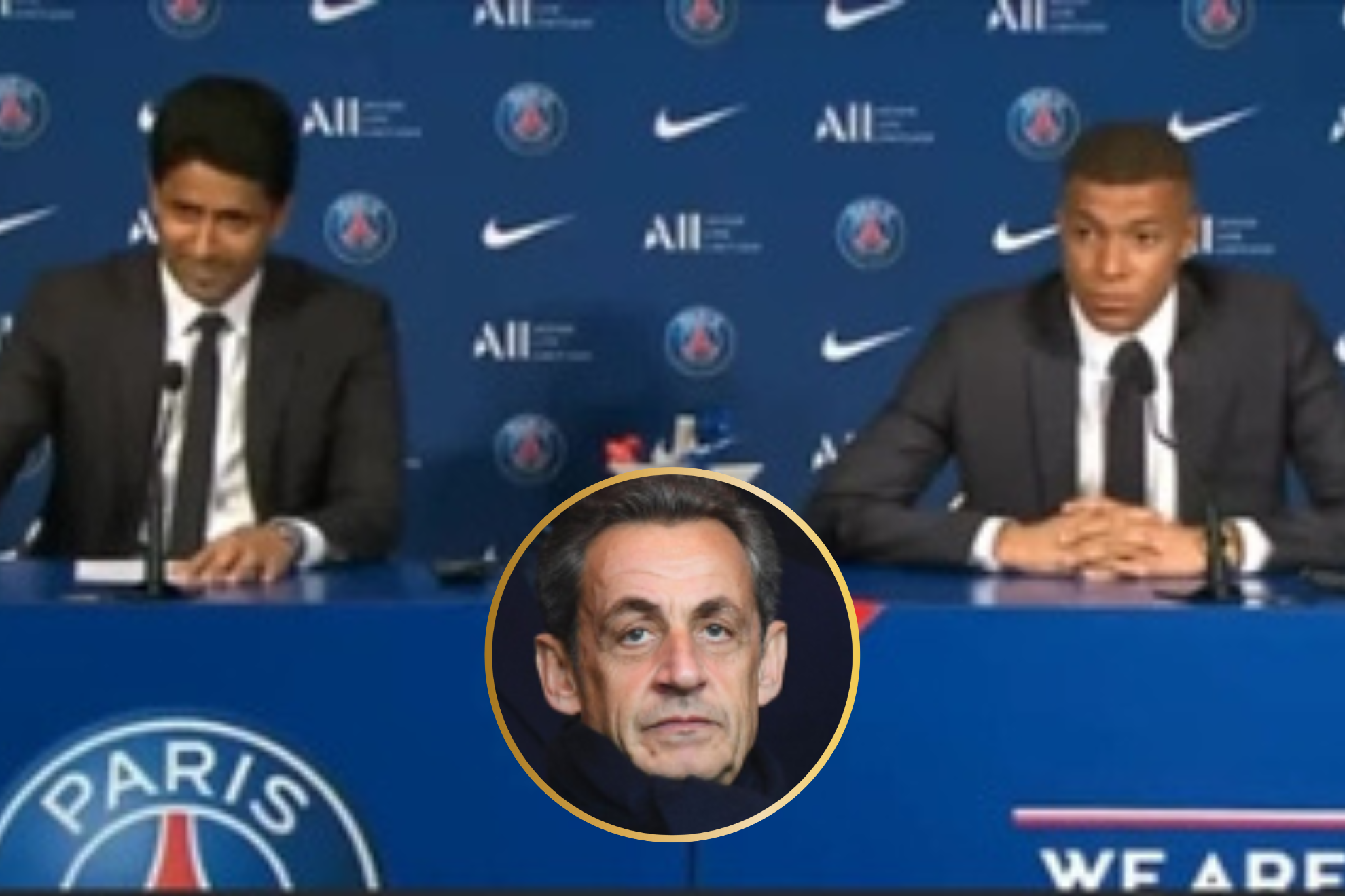 Al Khelaifi y Mbapp en una rueda de prensa en un montaje con Sarkozy.