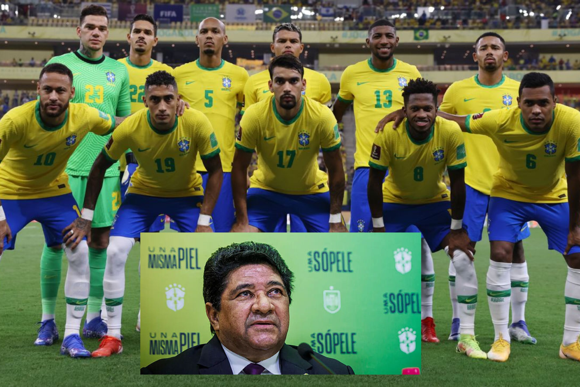 Un once de Brasil y el expresidente en la imagen pequea.