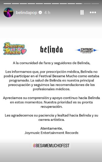 Belinda cancela su aparicin en el Festival Bsame Mucho