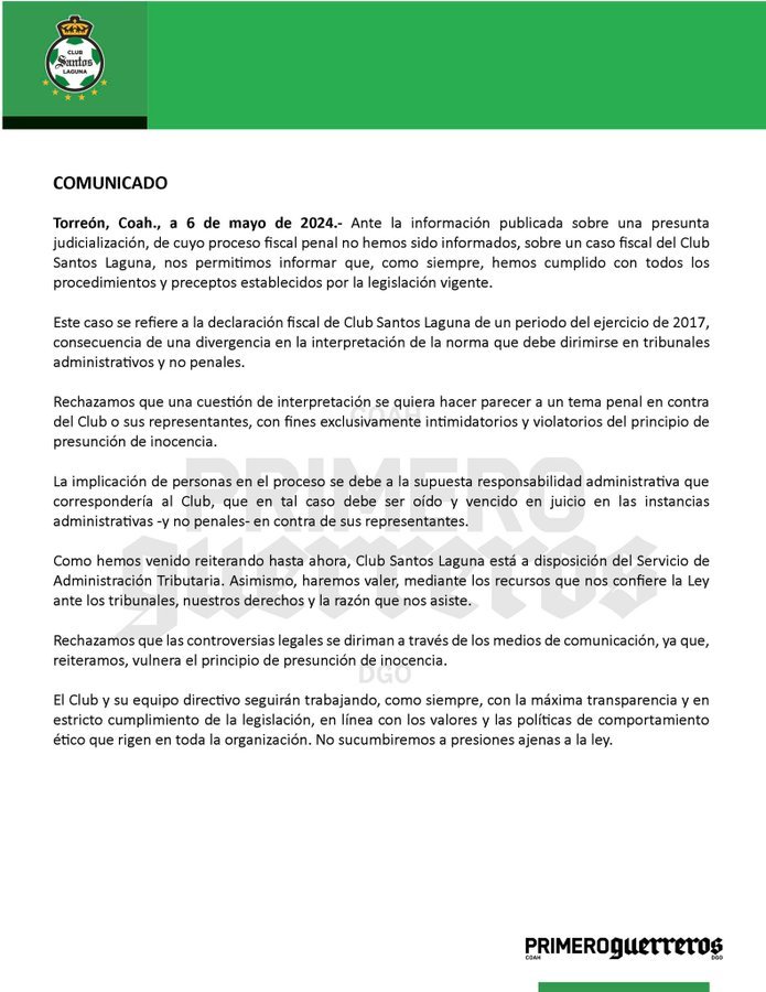 Santos Laguna aclara la situacin legal de Alejandro Irarragorri