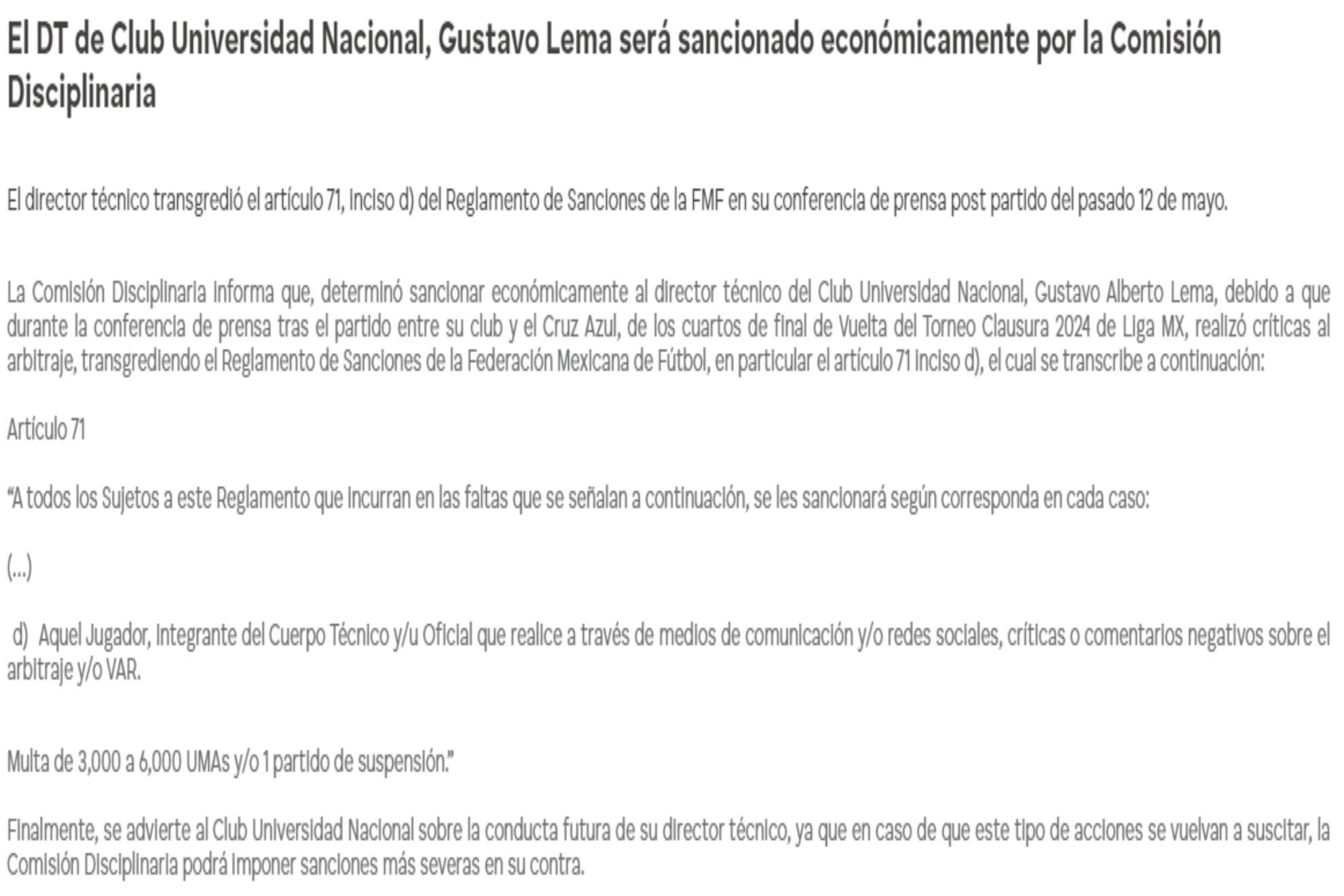 Gustavo Lema se queda en Pumas, pero con multa econmica