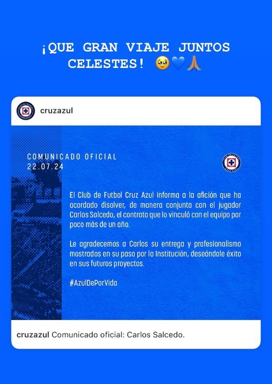 Carlos Salcedo y una triste despedida de Cruz Azul en Instagram