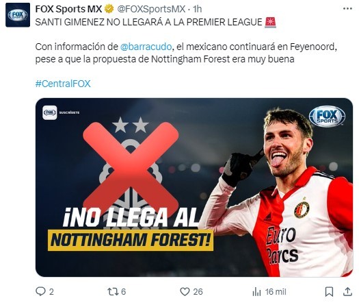 Santiago Gimnez descarta oferta del Nottingham Forest y seguir en el Feyenoord