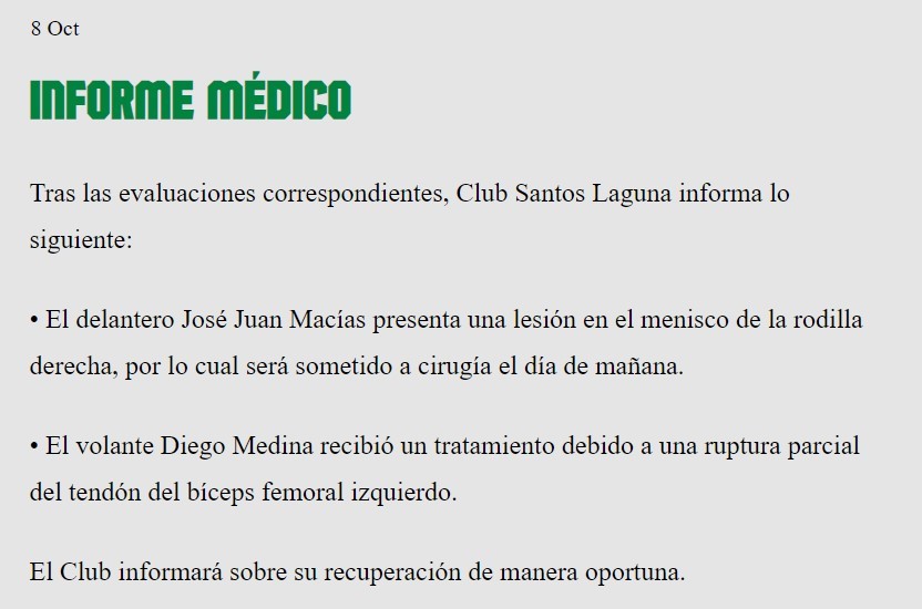 Comunicado de Santos Laguna informando lesi