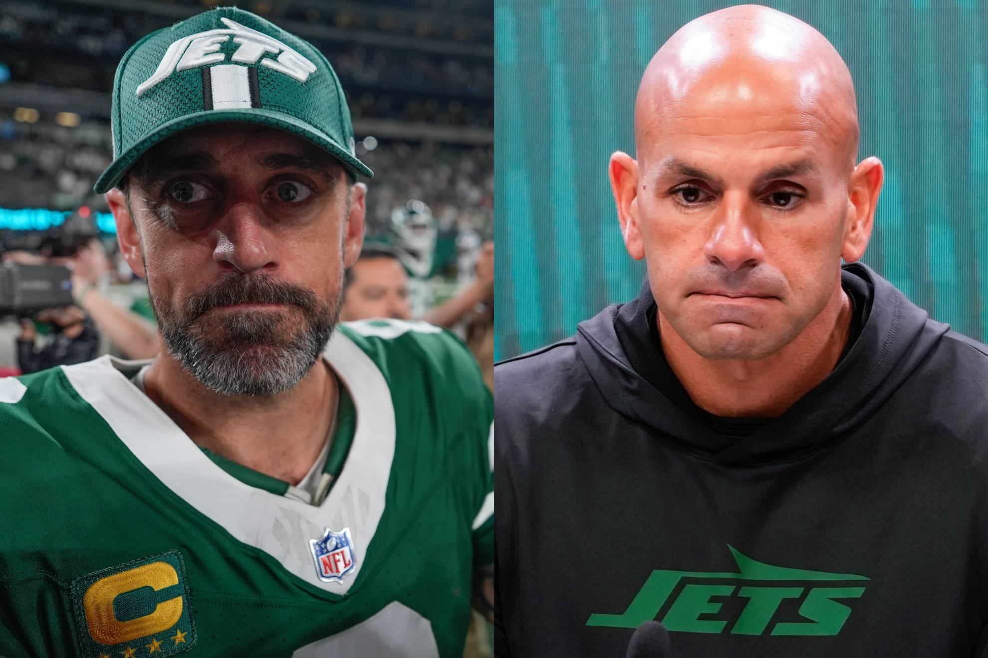 Aaron Rodgers y Robert Saleh.