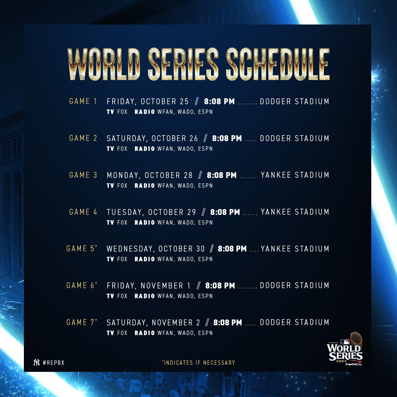 Fechas y horarios (ET) de Serie Mundial MLB 2024