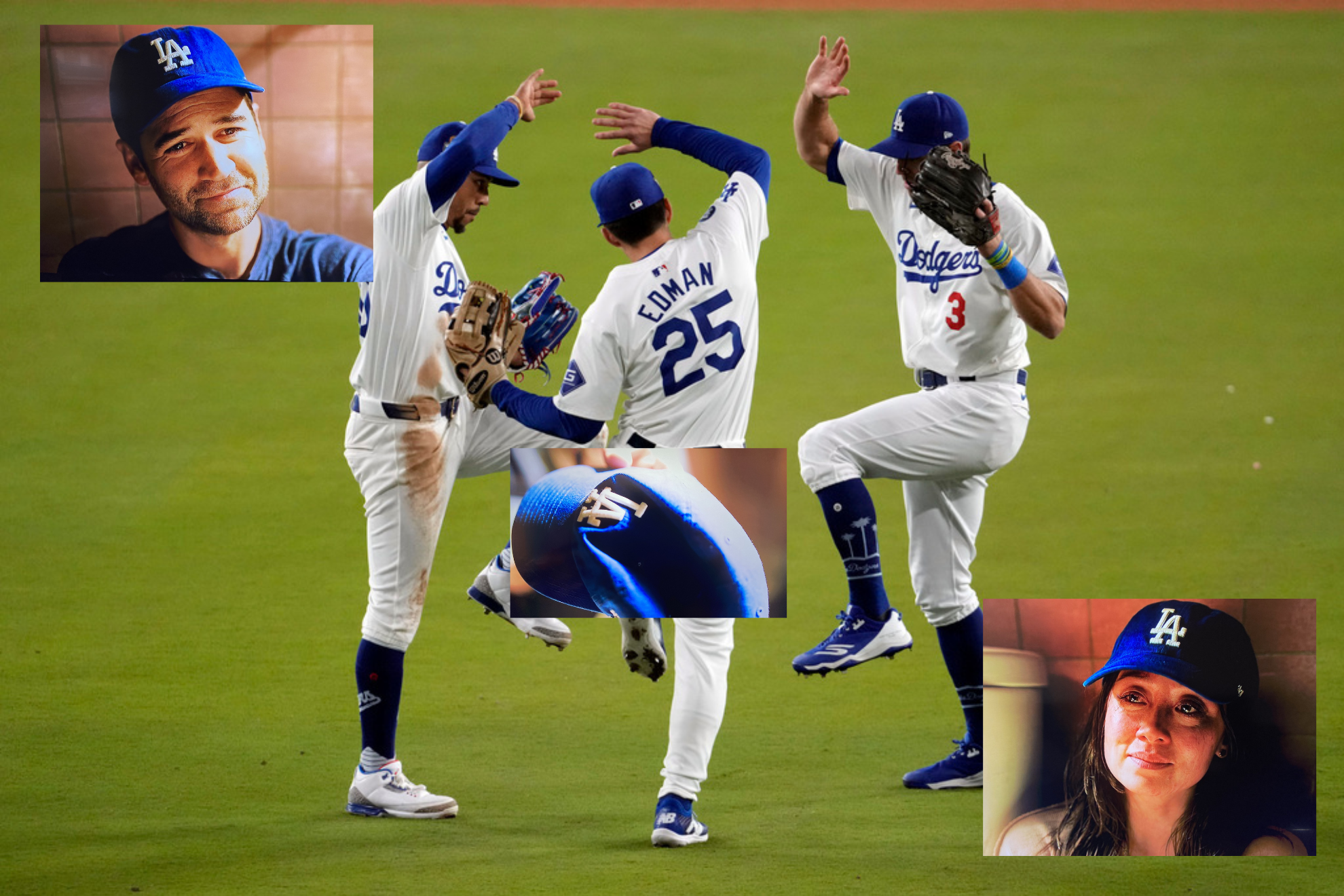 Tres jugadores de los Dodgers festejan en un collage con fotogramas de la serie.