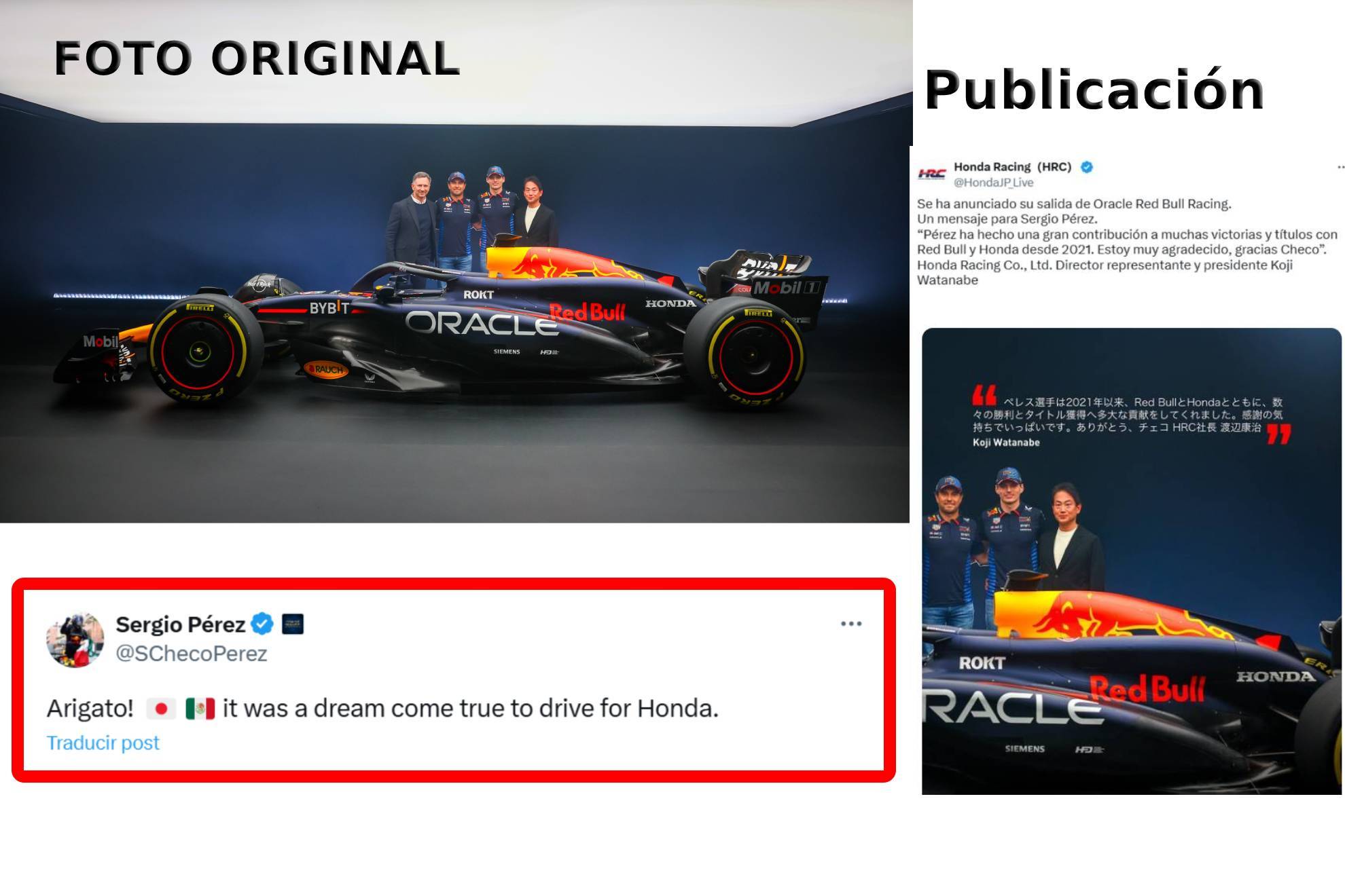 La foto original y la publicación sin Christian Horner, con agradecimiento de Checo Pérez