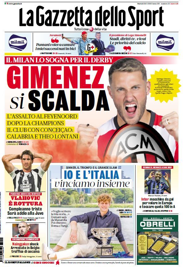 Santiago Gimnez se "roba" portada de Gazzetta dello Sport en Italia: Urgen su debut con AC Milan