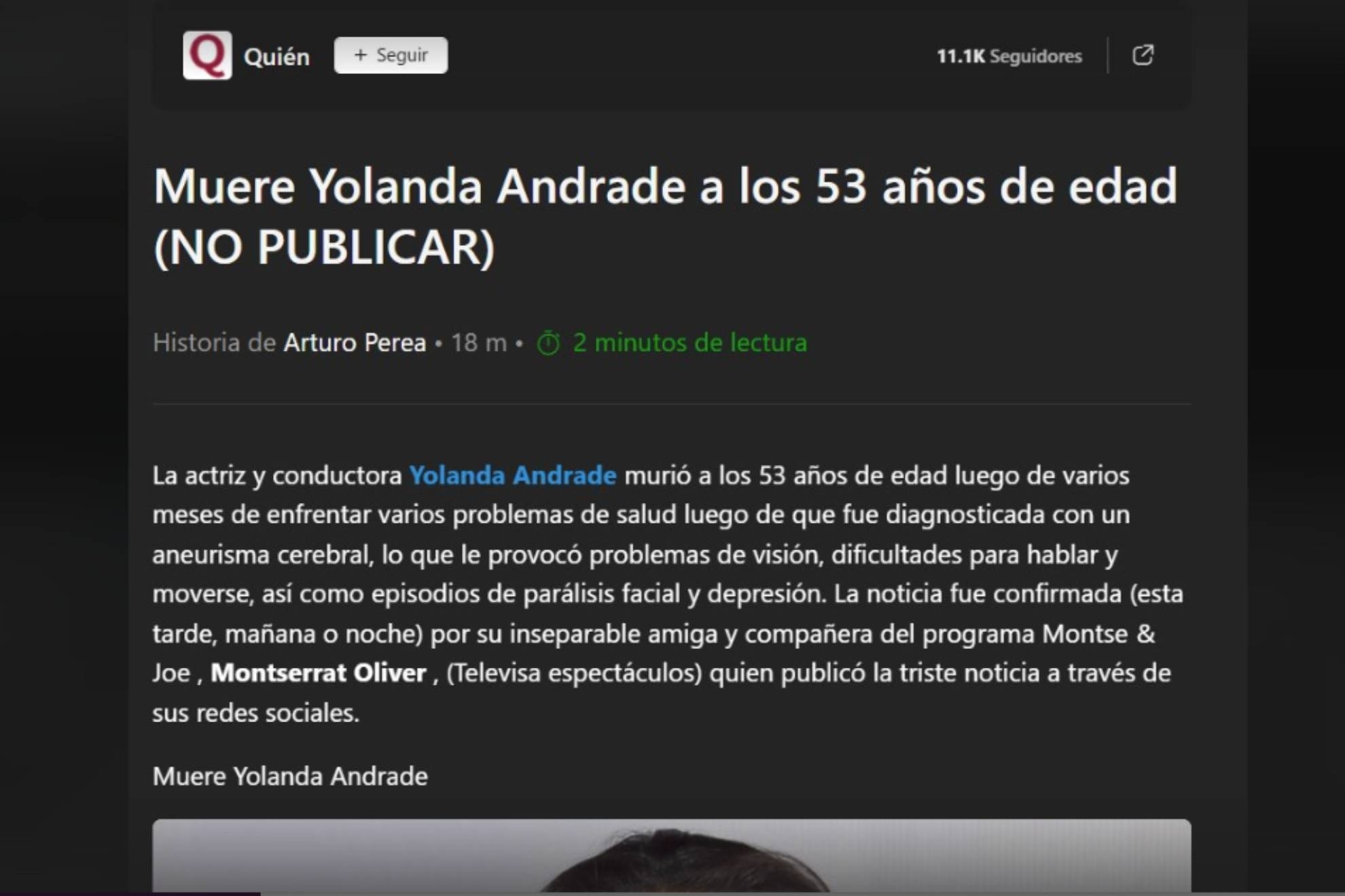 Anuncio del falso fallecimiento de Yolanda Andrade de la revista Quien