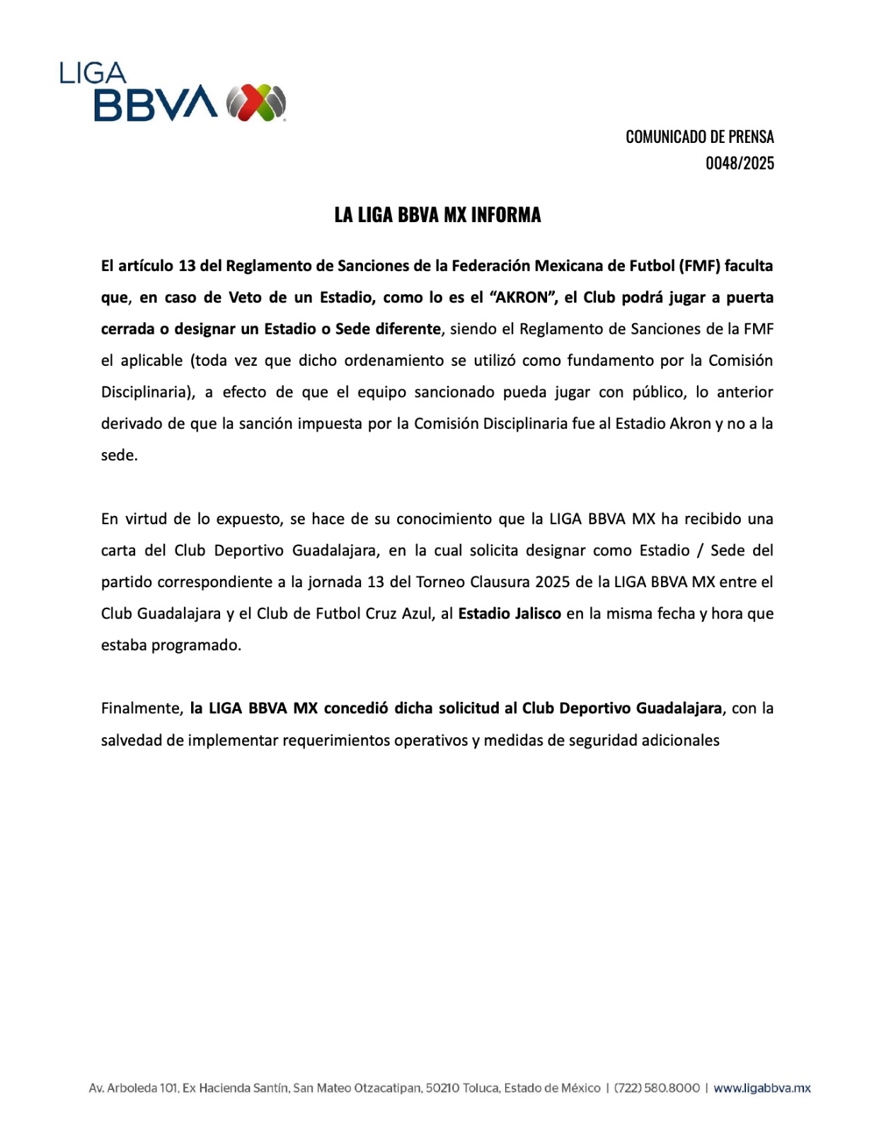 El comunicado a la aprobación de cambio de estadio del Chivas vs Cruz Azul