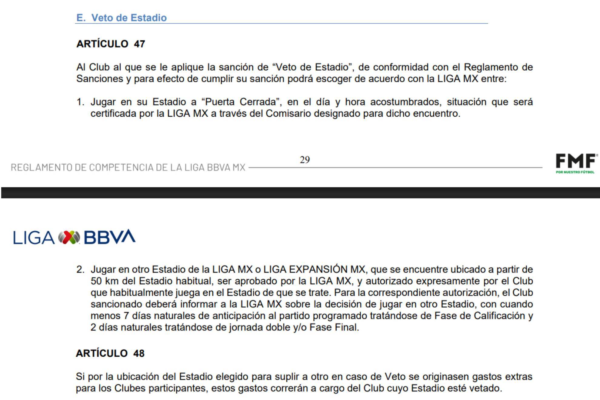 Lo que se redacta en el reglamento respecto al 'veto de estadios'