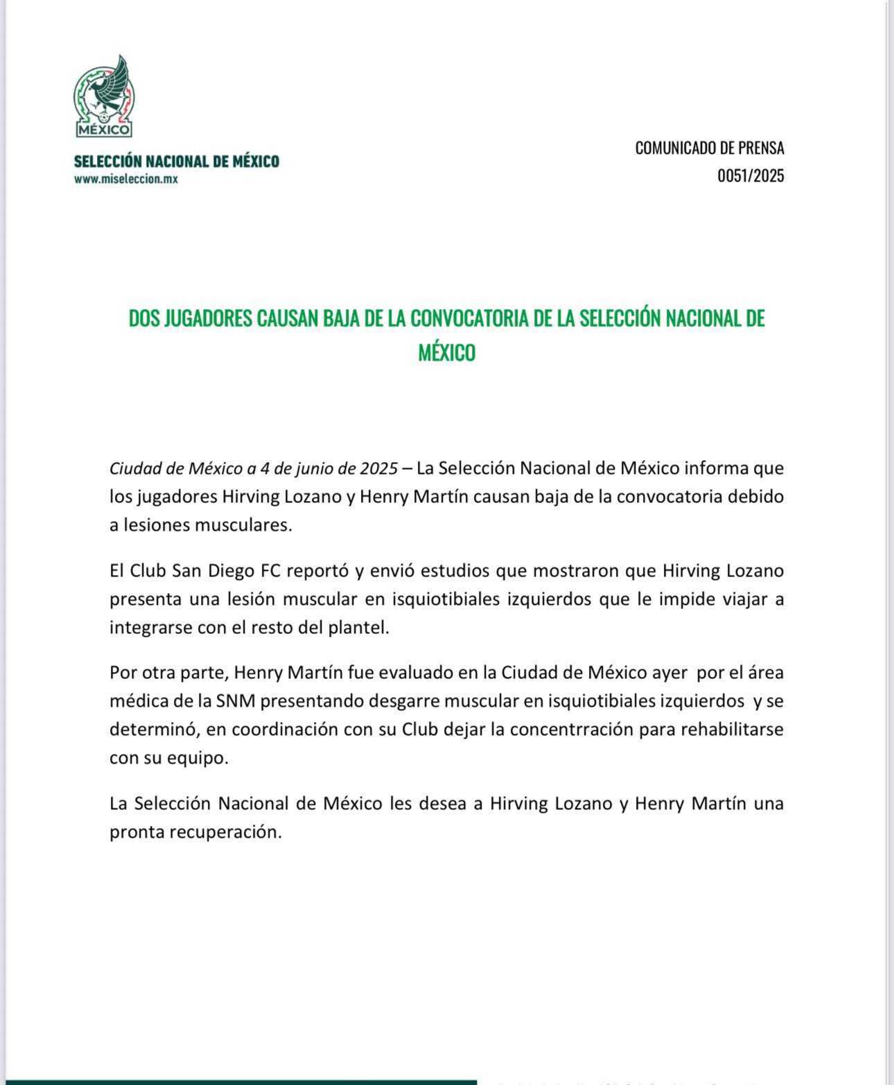 La Femexfut reveló las lesiones de Hirving Lozano y Henry Martín