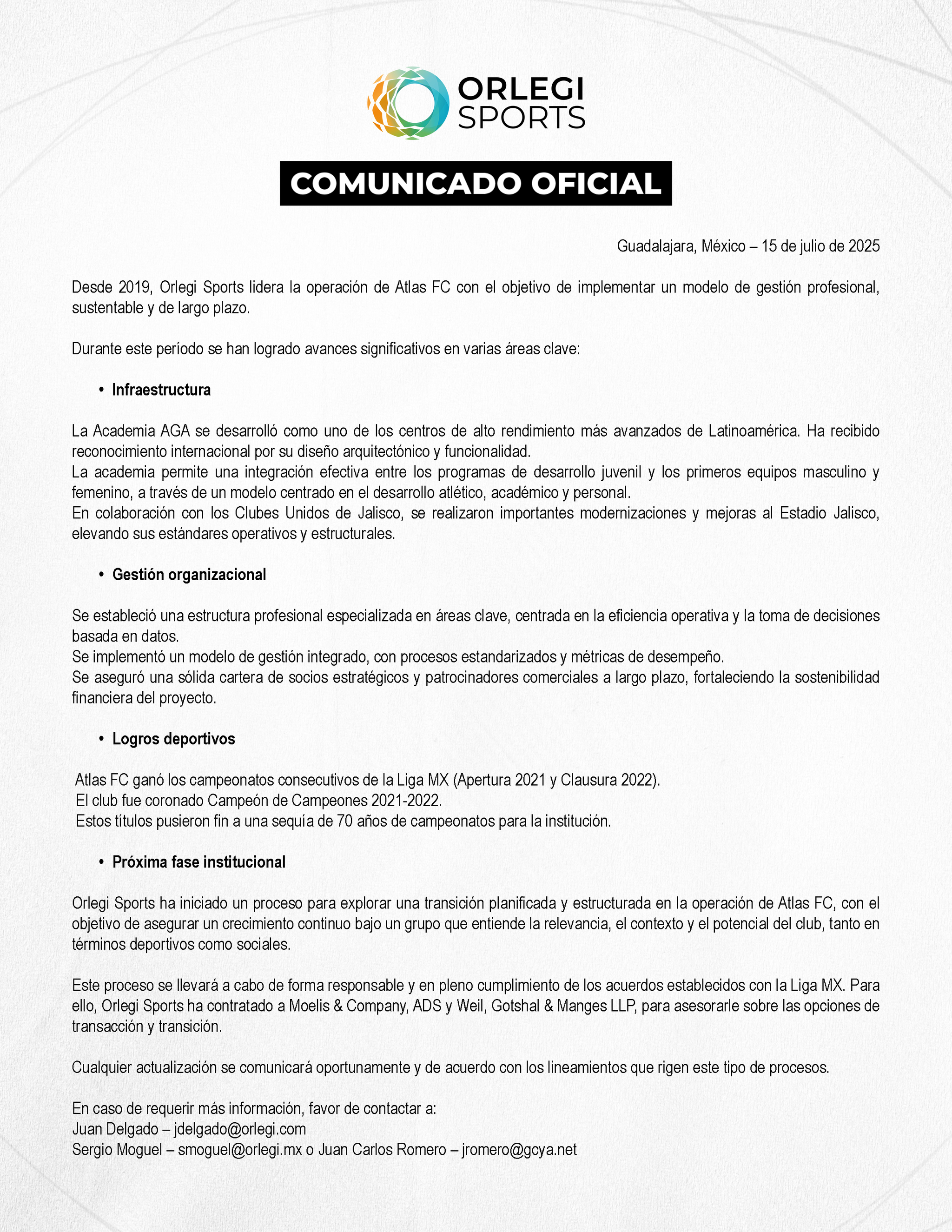 Comunicado de Grupo Orlegi por la venta del Atlas